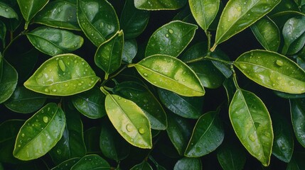 Poster - Lush Green Leaves with Dew Drops CloseUp View