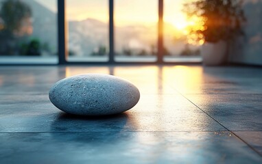 Canvas Print - Smooth grey stone on polished floor, sunset view.