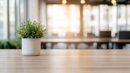 Wall Mural - Modern Office Desk with Potted Plant and Blurred Background