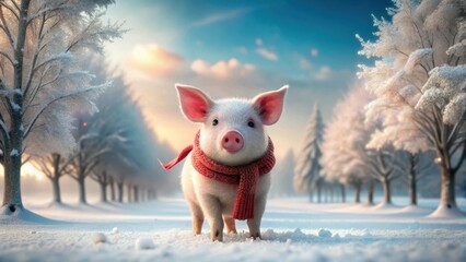 Sticker - Adorable piglet in a red scarf, standing in a snowy winter wonderland, surrounded by frost-covered trees at sunrise