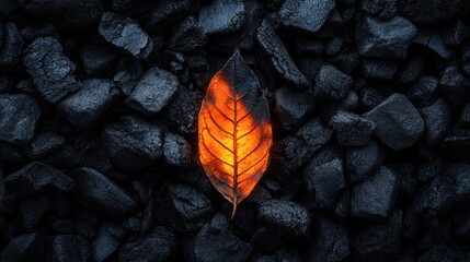 Wall Mural - Illuminated leaf on dark coal background