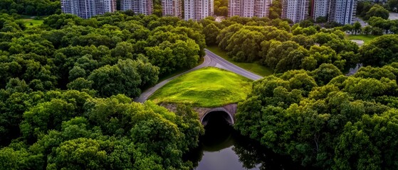 Wall Mural - Aerial View  Green City Park  Sustainable Architecture  Asphalt Roads  Lush Trees  Tunnel