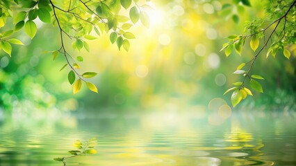 Canvas Print - Serene Springtime Landscape Vibrant Green Foliage Reflected in Calm Water, Sunlight Illuminating Tranquil Scene