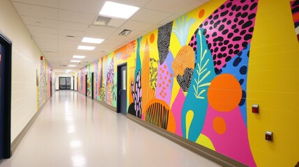 Sticker - Vibrant Abstract Mural in School Corridor