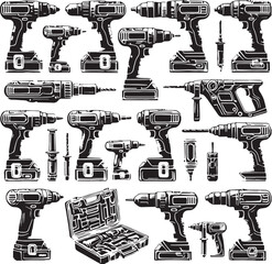 Black Color Cordless Drill Silhouette Vector Illustration, Solid White Background. minimal vector design