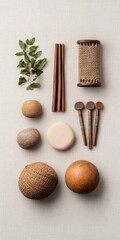 Poster - Cultural Harmony Inspired Set Wooden Instruments and Natural Textures on Linen - Visual Content for Social Media and Cultural Event Promotion