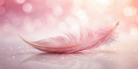 Sticker - A Delicate Pink Feather Resting on a Sparkling Surface with a Soft, Dreamy Background