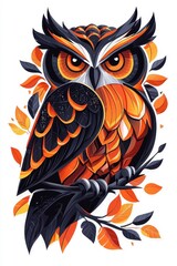 A flat style illustrated owl, isolate on white background, with simple lines and muted tones.