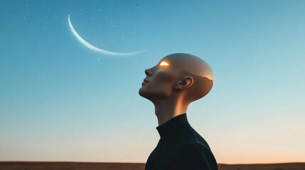 Poster - Futuristic Aesthetic in Sci-Fi Visuals Silhouetted Humanoid with Glowing Eyes under a Starry Sky and Crescent Moon - Immersive Entertainment Marketing and Artistic Installations