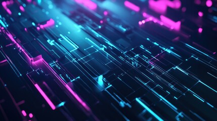 Wall Mural - abstract neon cyberpunk digital art: glowing blue and pink geometric shapes