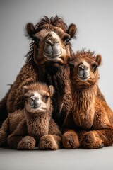 A family of camels, isolate on white background, standing together with playful and loving expressions.