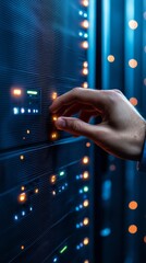 Fototapete - High-Tech Digital Interface Engineer Interacting with LED-Lit Network Server Panel - Future-Ready IT Solutions for Efficient Cloud Infrastructure Management