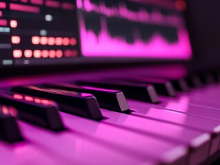 Leinwandbilder - Neon Sound Design Focus MIDI Keyboard with Soft LED Glow and Digital Waveform Display - Innovating Music Production in Modern Home Studios for Creative Professionals