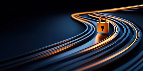 Cybersecurity Concept, Golden Padlock on Abstract Data Stream