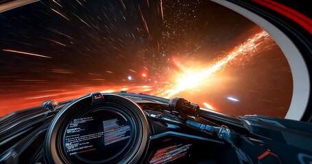 Wall Mural - Experience deep space travel through the cockpit of a futuristic spacecraft during a high-speed journey beyond the stars