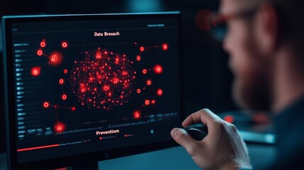 Fototapete - Cold Blue Workspace Interactive Data Breach Prevention Dashboard on Modern Screen - Advanced Cybersecurity for IT Professionals in Startup Culture