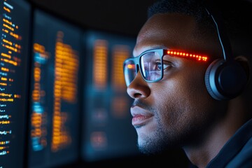 Poster - Tech-Aesthetic Cybersecurity Hub IT Specialist in Dark Control Room with Monitors and Data Visuals - Advanced Crisis Management and Encrypted Connection Solutions