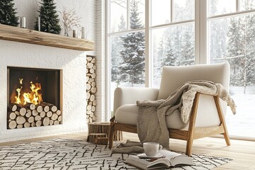 Wall Mural - Cozy living room interior with comfortable sofa, book and fireplace on background