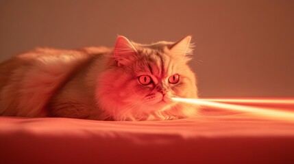 Poster - Cozy Tech-Luxe Pet Experience Persian Cat Engages with Interactive Laser Toy in Warm Toned Space - Enhancing Home Entertainment and Security for Pet Owners