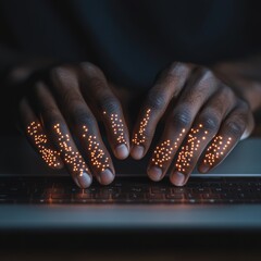 Leinwandbilder - Futuristic Productivity Boost LED-Lit Keyboard with African American Hands Coding - Dynamic Business Tools and Tech-Powered Efficiency for Modern Remote Work