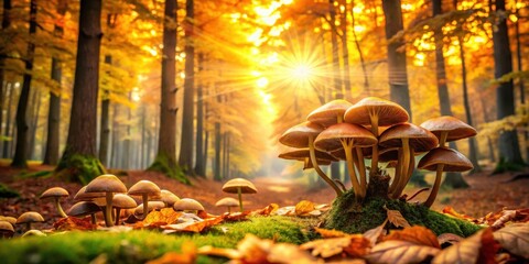 Wall Mural - Golden Sunlight Illuminates a Cluster of Autumn Mushrooms Nestled Amongst Fallen Leaves on a Mossy Forest Floor