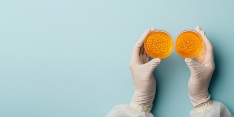 Aufkleber - Sleek Scientific Precision Gloved Hands Holding Sterile Petri Dishes with Cultures on Minimalist Blue Backdrop - Biotech Innovation and Disease Diagnostics Imagery for Industry Professionals