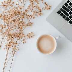 Poster - Minimalist Workspace Inspiration Latte with Dried Flowers on White Surface and Laptop - Modern Aesthetic for Digital Productivity and Content Creation