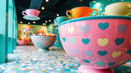 Canvas Print - Colorful Teacups and Giant HeartPatterned Bowl in Playful Interior