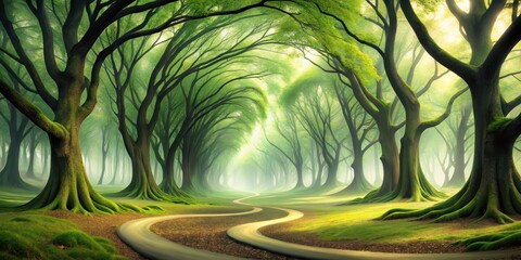 Wall Mural - Serene Path Through a Lush, Misty Forest of Ancient Trees with Sunlight Filtering Through the Canopy