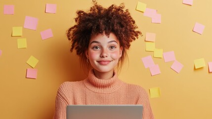 Poster - Vibrant Teen Workspace Mixed-Race Girl, 16, Engaging in Distance Learning with Laptop and Sticky Notes - Modern Student Life and Online Education Solutions