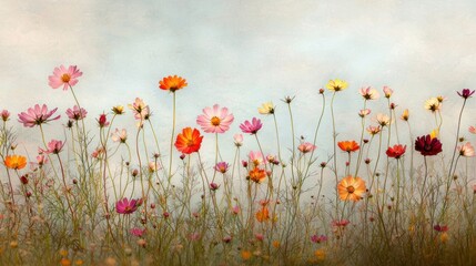 Sticker - Vibrant Cosmos Flowers in a Summer Meadow Artistic Pastel Sky Background