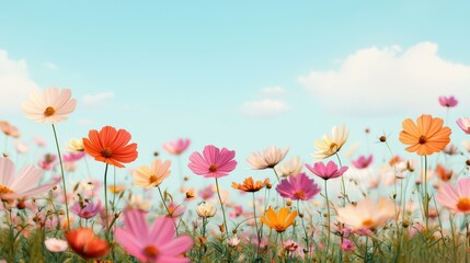 Canvas Print - Vibrant Cosmos Flowers in a Sunny Meadow under a Blue Sky