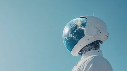 Poster - Futuristic Robotics Display White Silver Humanoid with Earth Hologram - AI in Global Innovation, Tech Media and Sustainable Business Solutions