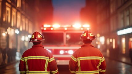 Poster - Urban Emergency Response Firefighters with Advanced Gear and Flashing Lights on a City Street - Safety Solutions for Modern Municipal Services