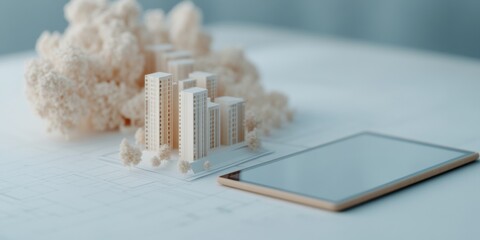 Poster - Minimalist Architectural Desk Precision Urban Models with Digital Tablet Blueprint - Cutting-Edge Smart City Planning and Sustainable Housing Solutions
