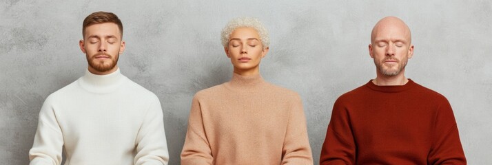 Poster - Mindful Workspace Aesthetic Diverse Employees Meditating Cross-Legged in Minimalist Studio - Enhancing Wellbeing and Productivity in Modern Corporate Wellness Programs