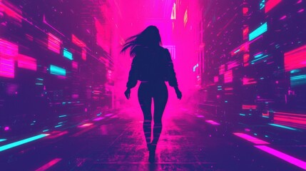 Sticker - A lone woman strides through a vibrant neondrenched cityscape at night bathed in electric hues