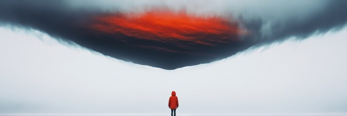 Aufkleber - Dramatic Sci-Fi Art Person in Vibrant Red Jacket Facing Enigmatic Storm Cloud - Emotional Connection and Impactful Visuals for Media Marketing and Creative Tech Campaigns