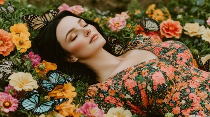 Wall Mural - Woman in floral dress sleeping amidst butterflies and flowers