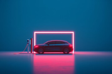 Aufkleber - Neon-Lit Electric Car Charging Urban Night Scene with Futuristic Station - Tech Mobility for Digital Marketing and Eco-Innovation Solutions