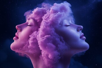 Poster - Dual Portrait Cloud Aesthetic Ethereal Cosmic Faces in Purple Haze - Visionary Art for Creative Marketing and Emotional Branding in Digital Media