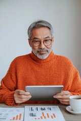 Poster - Scandi Minimalism in Personal Finance Middle-Aged South Asian Man with Tablet and Stock Portfolio - Digital Investment Strategy and Responsible Fintech in Urban Office