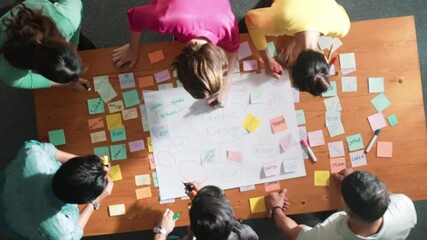 Sticker - Top view of project manager writing and sticking stick notes. Aerial view of professional business people working together planning strategy while drafting mind mapping at meeting room. Symposium.