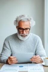 Poster - Minimalist Investment Planning Middle-Aged Man Analyzing Digital Stock Portfolio on Tablet with Financial Graphs and Tea - Fintech Strategies for Urban Professionals