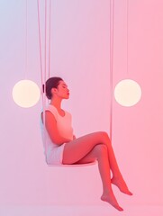 Leinwandbilder - Surreal Gallery Experience Asian Woman in Ethereal Light on Swing with Glowing Orbs - Immersive Art for Urban Marketing and Modern Design Spaces