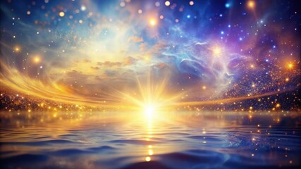 Wall Mural - celestial sunset over a tranquil water surface, glimmering with enchanting lights and cosmic dust