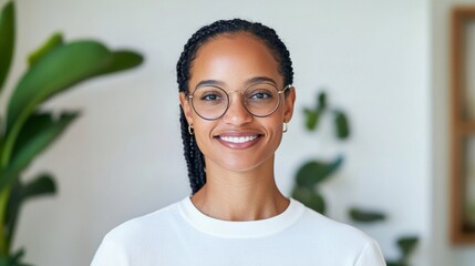 Leinwandbilder - Modern Minimalist Home Office Young African American Woman in Bright Space - Digital Remote Work and Virtual Meetings for Enhanced Communication in Business Innovation