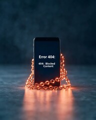 Fototapete - Dark Aesthetic Smartphone Display with Chains Error 404 Message on Screen for Internet Rights Advocacy and Cybersecurity Campaigns