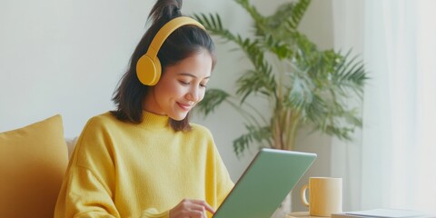 Aufkleber - Bright Modern Workspace Young South Asian Woman with Tablet and Headphones in Lively Home Office - Remote Collaboration and Digital Communication for Agile Work Environments
