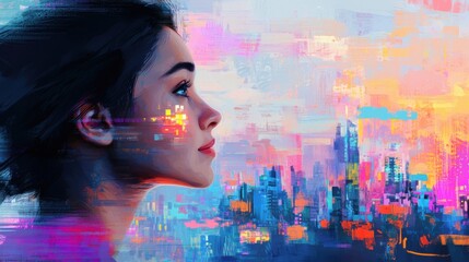 Wall Mural - Womans Profile with Vibrant Cityscape Background